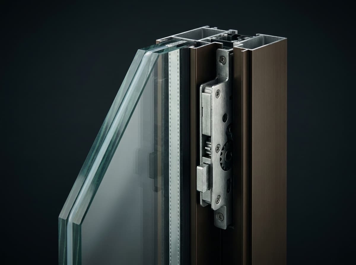 Cross-section of a laminated impact window showing the inner PVB layer