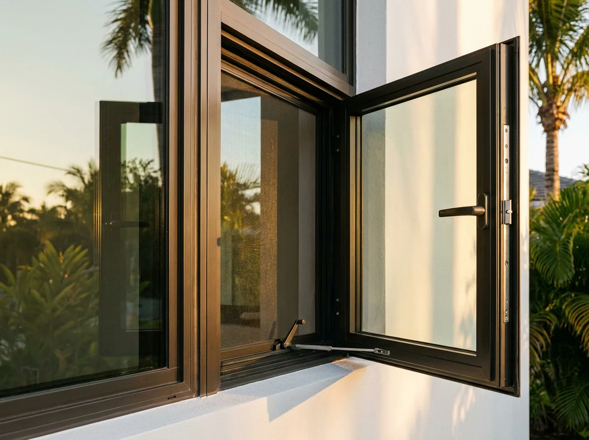 Crank-operated casement window opening outward
